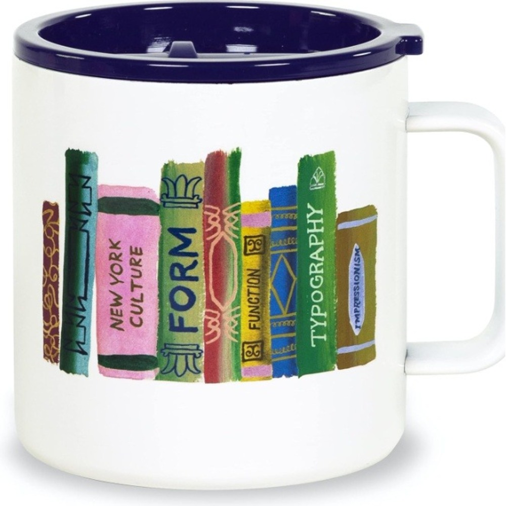 Kate Spade New York Bookshelf Insulated Travel Mug with Lid Cream Navy Blue Cup